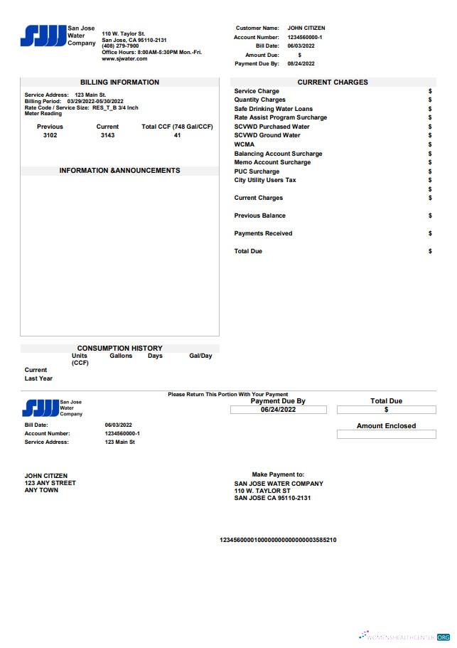 download USA California San Jose Water utility bill template in Word and PDF format PDF template